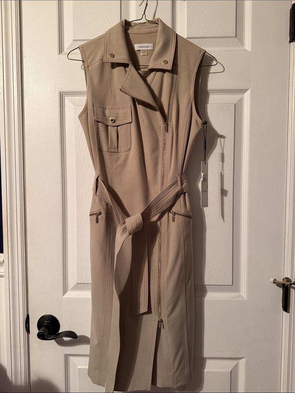 Calvin Klein Beige Sleeveless Zip-Belt Trench Dress